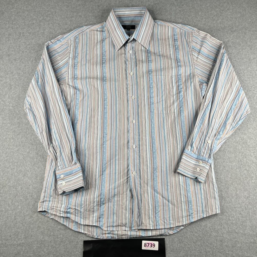 Zanella Shirt 16.5 Large Blue Striped Button Up Long Sleeve Made In Italy Mens